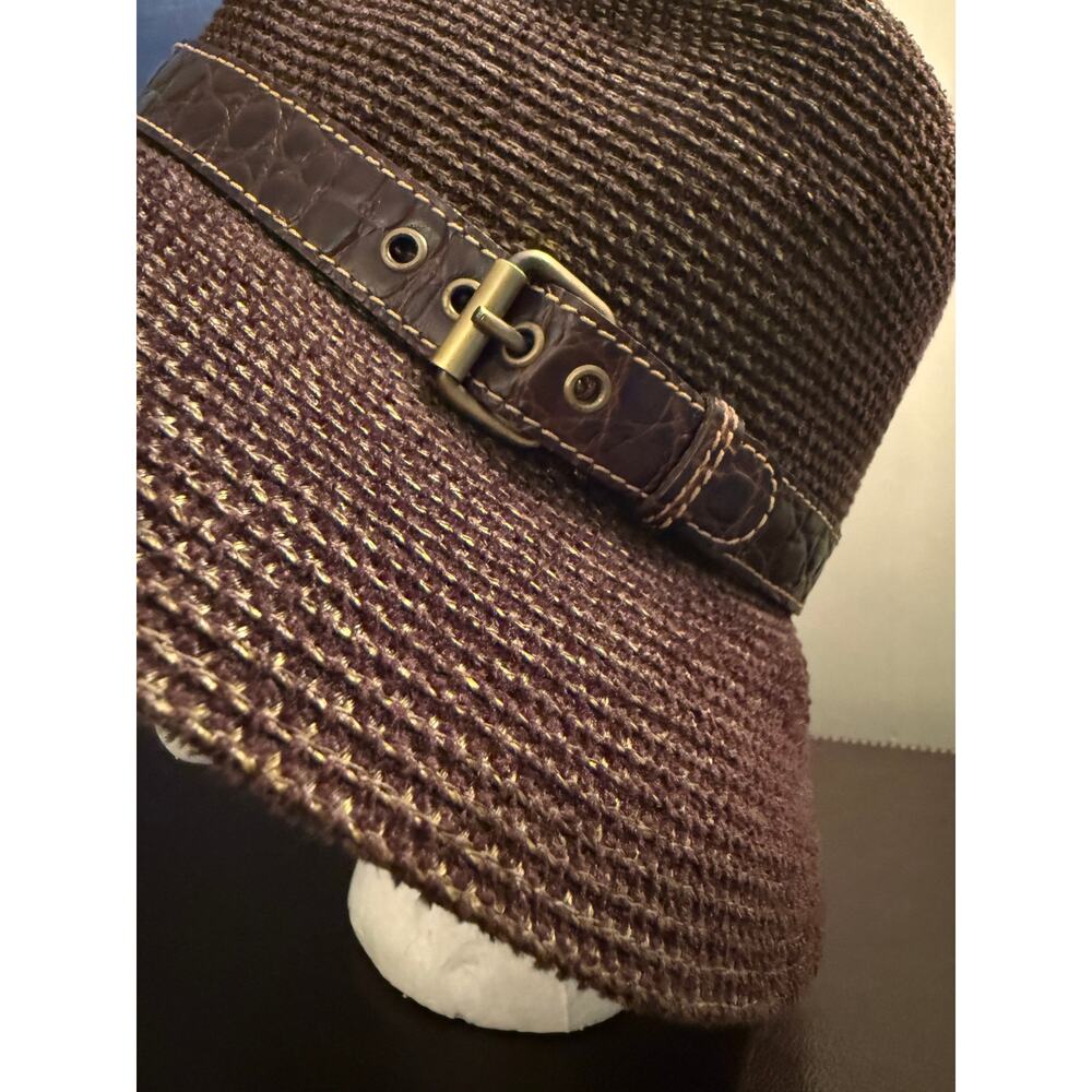 Eric Javits Brown Woven Cloche Hat Leather Buckle Wide Brim Designer Womens - Picture 5 of 9